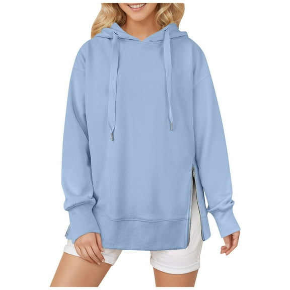 Fiaer,Hoodies for Women with Side Zipper Plus Size Long Sleeve Hooded Sweatshirts Loose Fit Trendy Drawstring Solid Color Tops Sky Blue XL