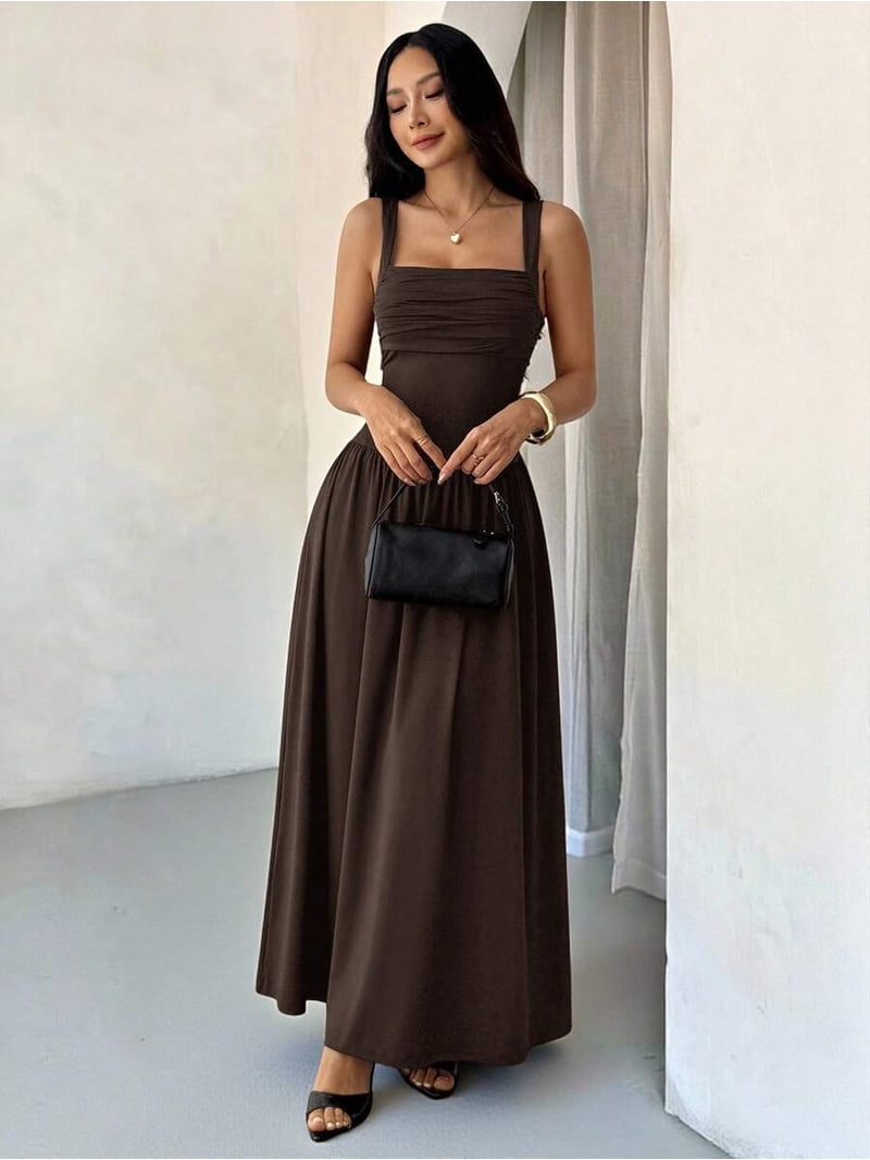 brown petite maxi dress Womens Coffee Solid Square Neck Flared For Spring Summer studio borrow rentals |