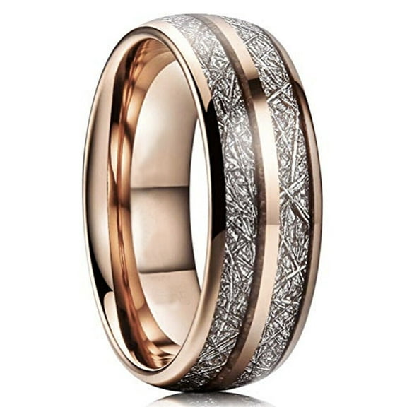 Wedding Ring Men Women 8mm Rose Gold Tungsten Wedding Band Double Meteorite
