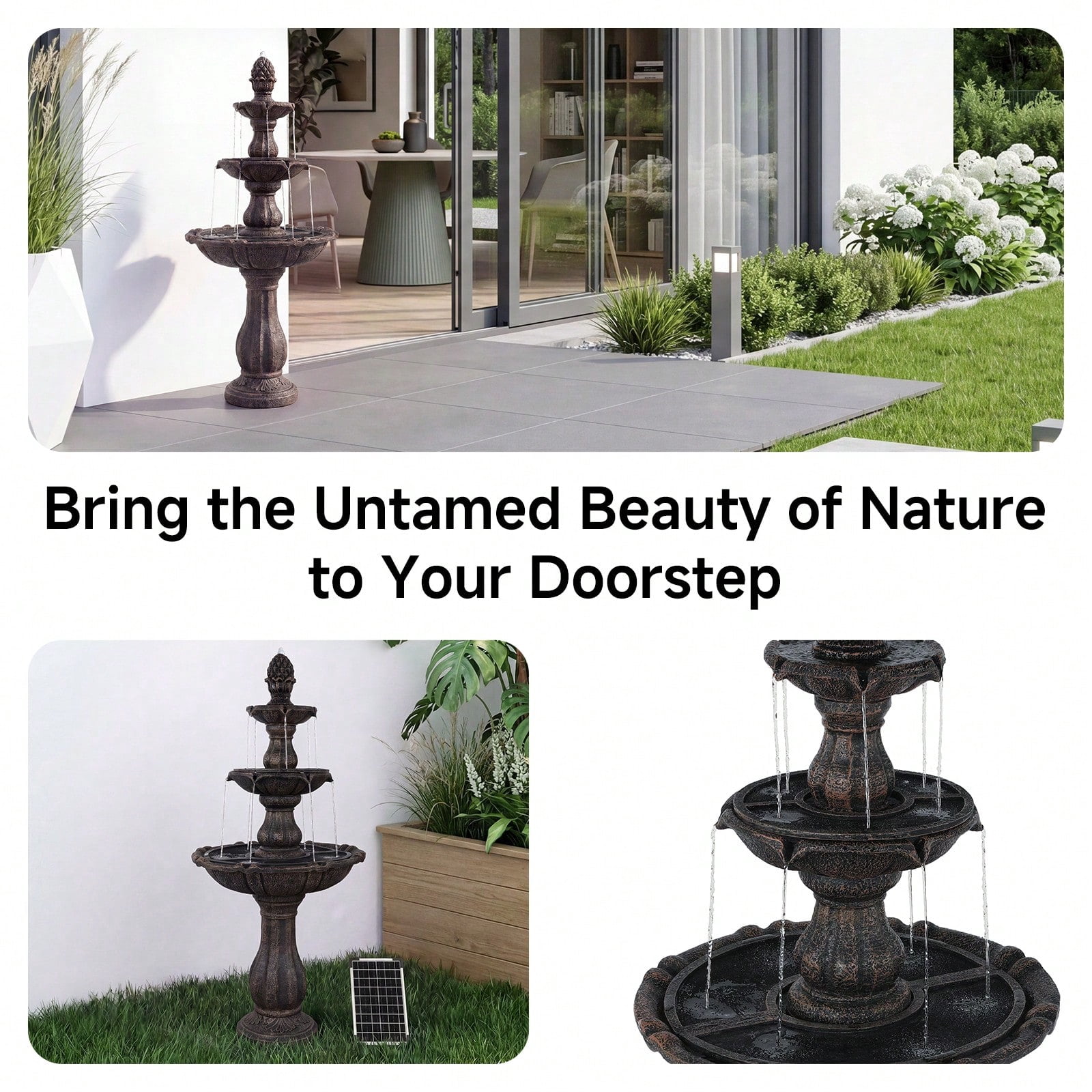 50.5 Inch 3-Tier Solar Outdoor Water Fountain, Pineapple Top Pedestal Waterfall with Warm LED Lights, Weather UV Resistant Resin, Low Noise Energy Saving, for for Yard Patio Home Decor