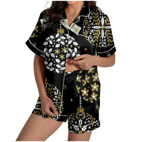 YuYuBao Women Pajamas Sets Christmas Snowflake Print Silk Satin Short Sleeve Button Tops Shorts Pajamas Nightwear