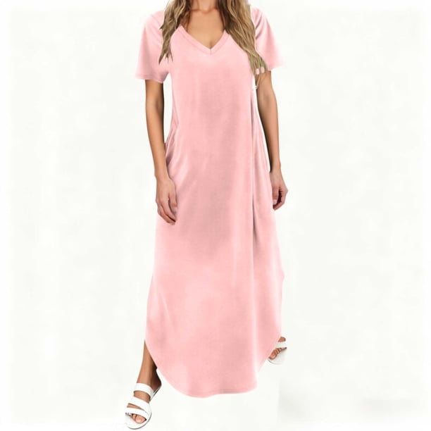 TaTaai Women Classic Casual Solid Color V Neck Short Sleeve Long Dress with Pockets Fashion Soft Stretchy Comfortable Dress for Daily Work Vacation Outfits Gift