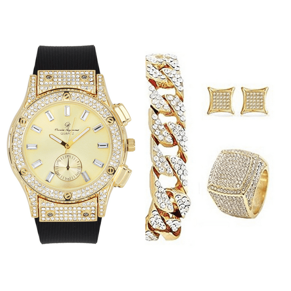 Bling-ed Out It's Lit! Hip Hop Watch & Jewerly Set w/Cuban Chain Bracelet, Kite Bling Earrings & Ring - GJM13 (8, ST10311 SB GLD)