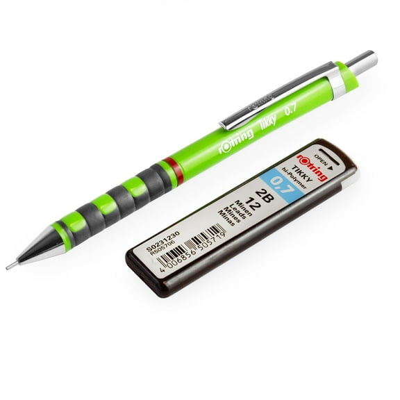 Rotring Tikky Mechanical Pencil - 0.7mm 2B - Dark Green Barrel - 1 Tube of Leads - Pack of 2