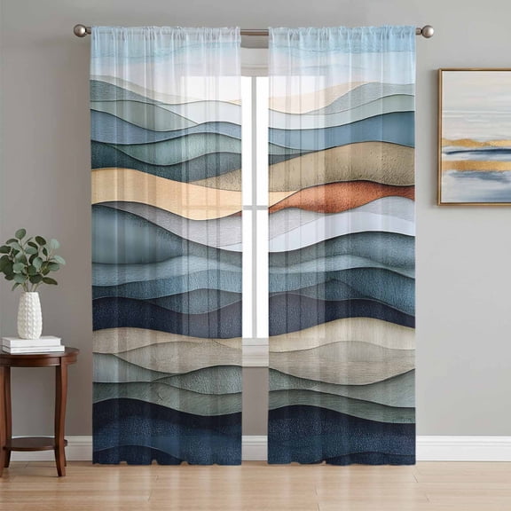 Summer Coastal Sheer Curtains 63 Inch Length 2 Panels Set, Modern Abstract Watercolor Wave Voile Window Treatment Rod Pocket Curtains Sheers Drapes for Bedroom/Living Room/Kitchen 52x"63"x2