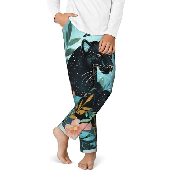 Gukieu Black Panther Floral Illustration Print Youth Home Trousers, Elastic Waistband with Pockets for Home and Outing, Suitable for Children Aged 5-16-XS(5-6)