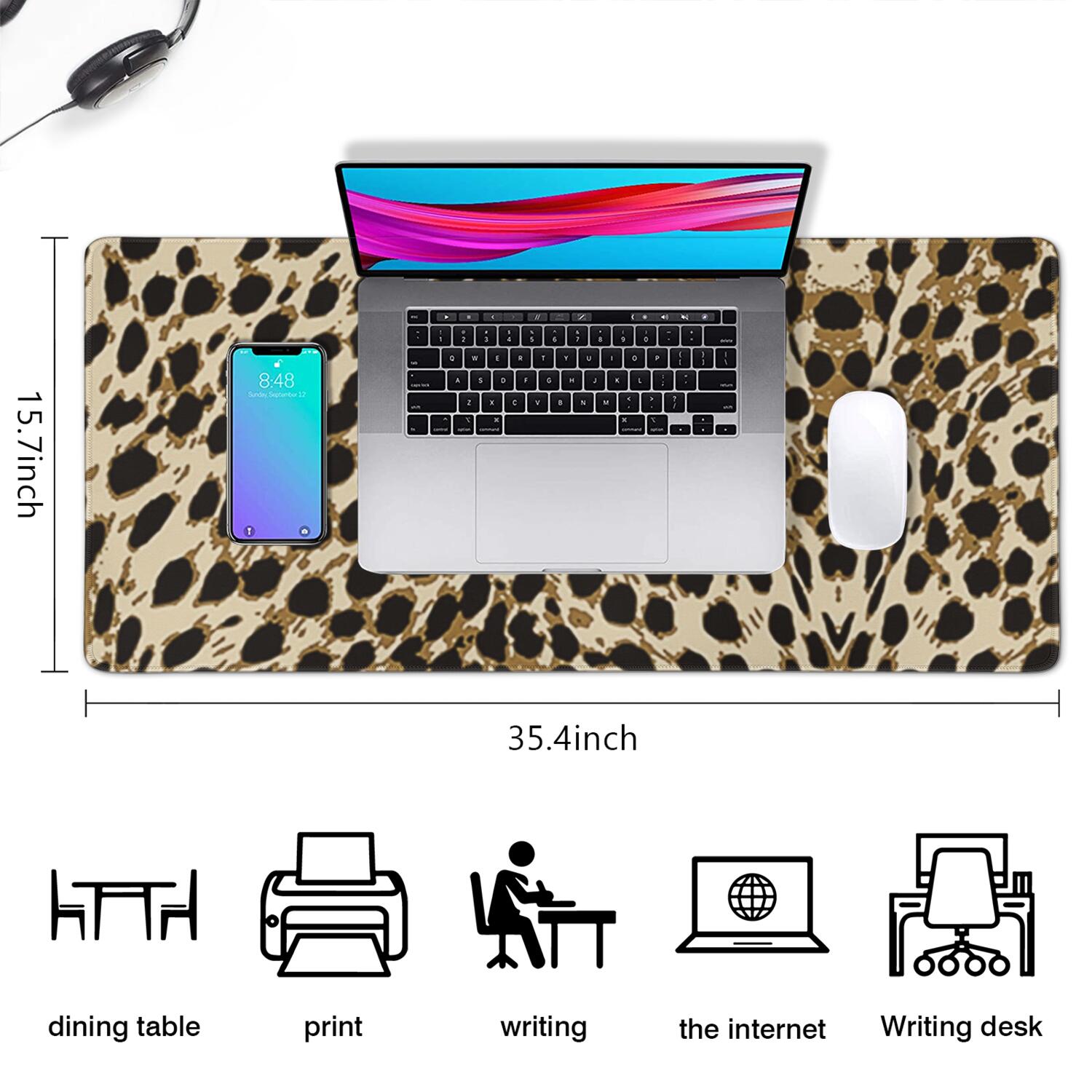 Long Mouse Pads for Desk,Brown and Black Leopard Print Desk Mats on Top Of Desks, Desk Mouse Pad Extra Large with 3mm Non-Slip Base and Stitched Edge for Gaming,Office,Work,Home 35.4"x15.7"