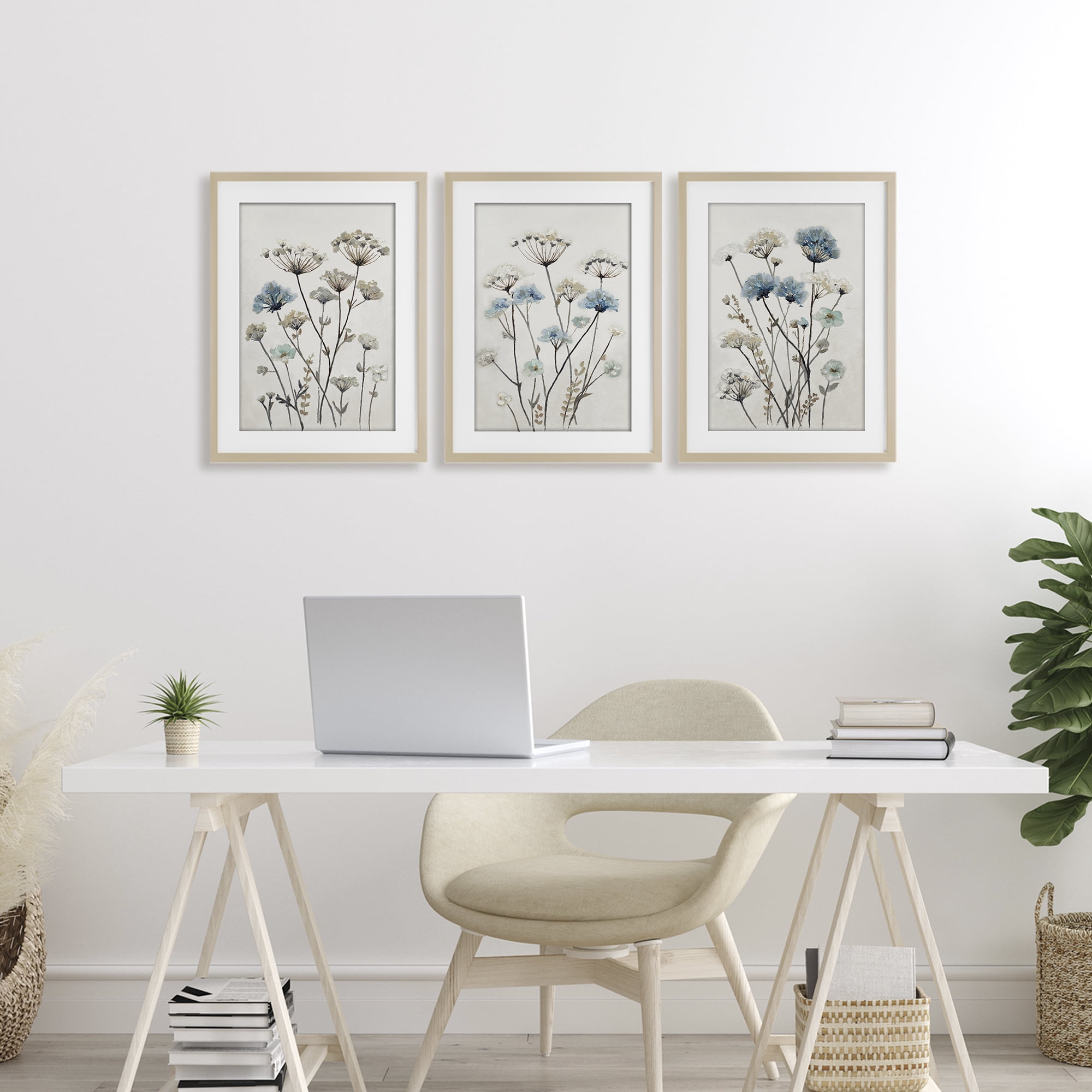 Stupell Industries Neutral & Blue Garden 3 Piece Birch Framed Print Under Glass Set, design by Patricia Pinto