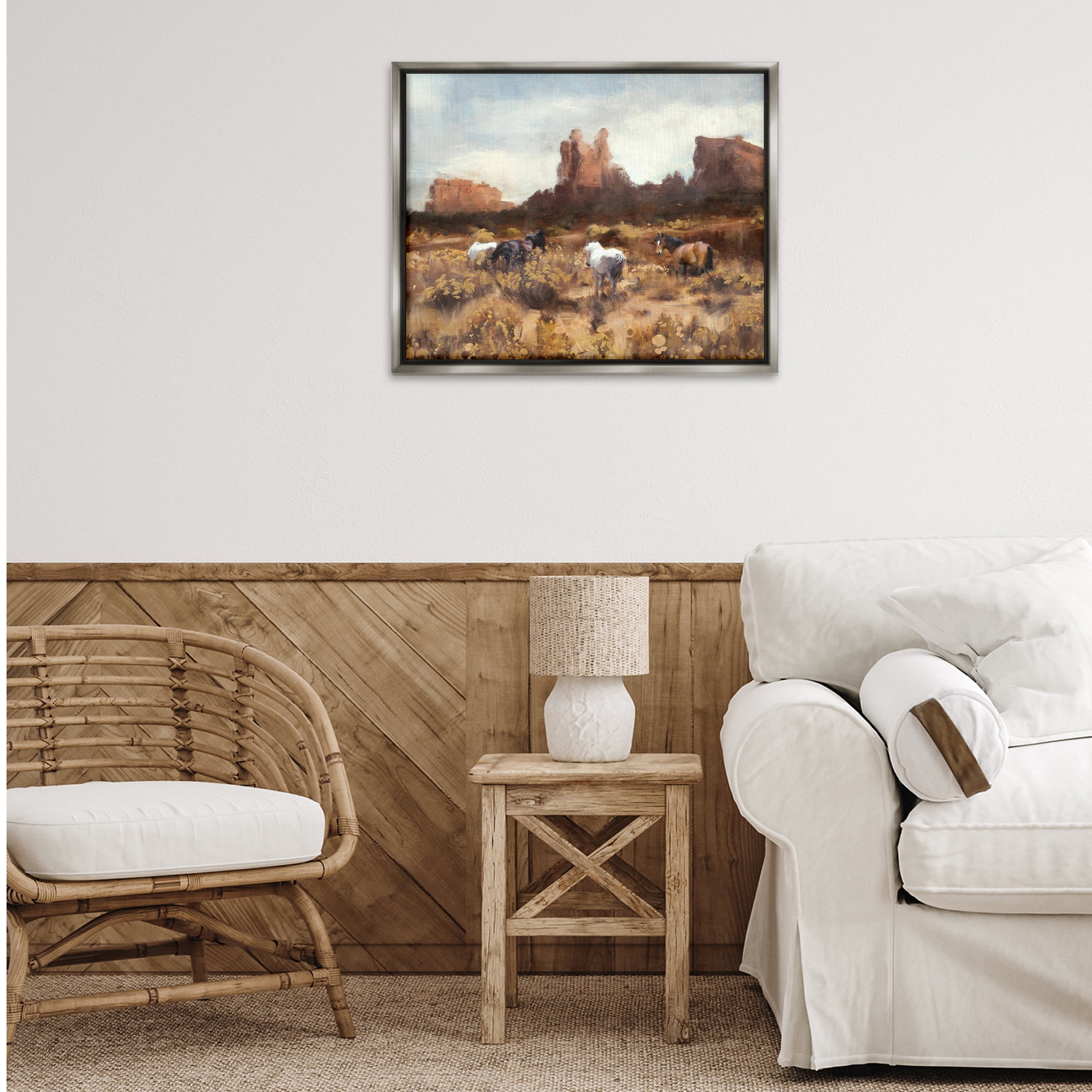 Stupell Industries Desert Horses Landscape Landscape Painting Gray Floater Framed Canvas Art Print Wall Art, 31 x 25