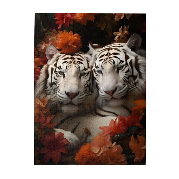 White Tigers Orange Flowers 500-Piece Wooden Jigsaw Puzzle for Adults, Fun & Challenging Family Brain-Teaser, Perfect Home Decor & Gift