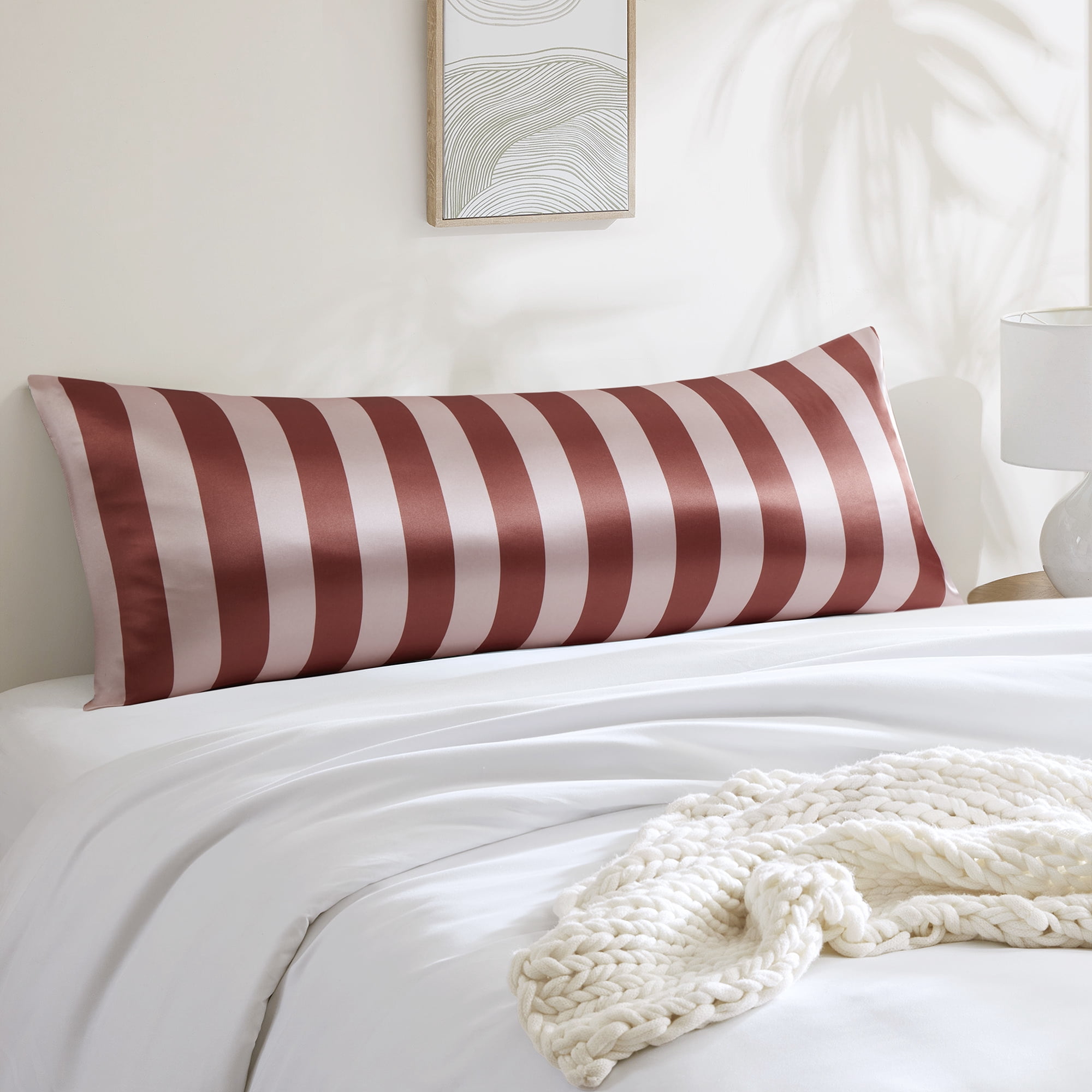 Mainstays Satin Body Pillowcase - Cabana Stripe Pink & Terracotta - 20"x52" - Frizz Control & Cooling Comfort - 1 Pack