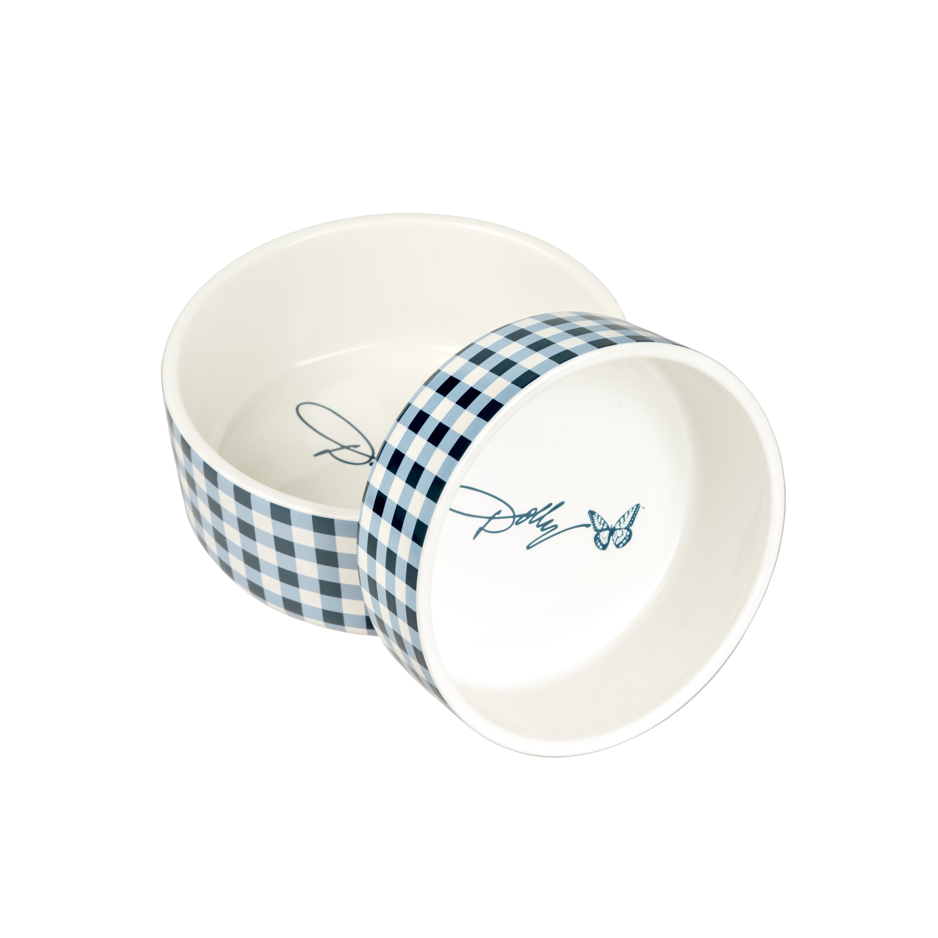 Doggy Parton, Cat Bowls, Rustic Checkered Pet Bowl, Blue, Small