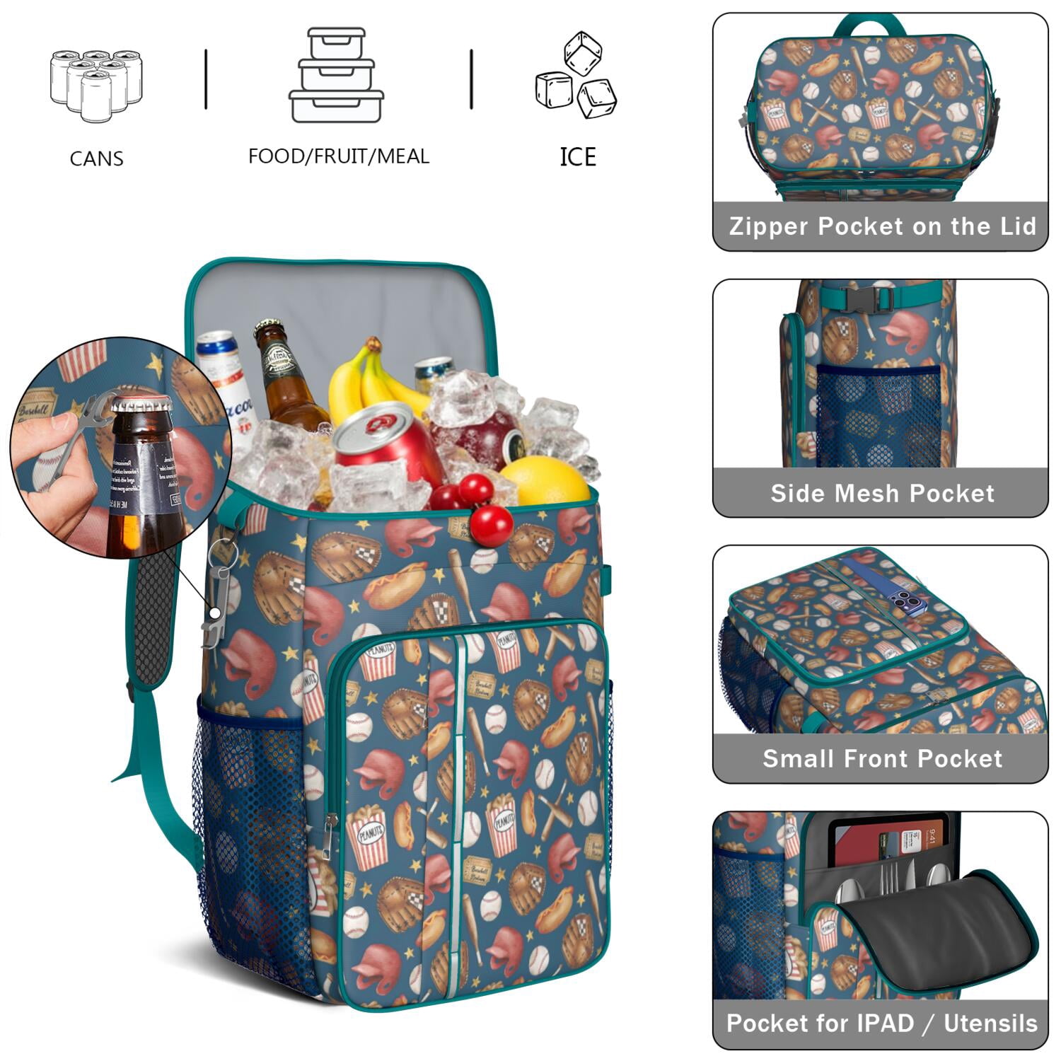 Travel Cooler Bag - Blue Baseball Stadium Pattern Camping Beer Cooler Backpack with Bottle Opener- Waterproof Insulated Picnic Backpacks - Cooler Bag for Beach