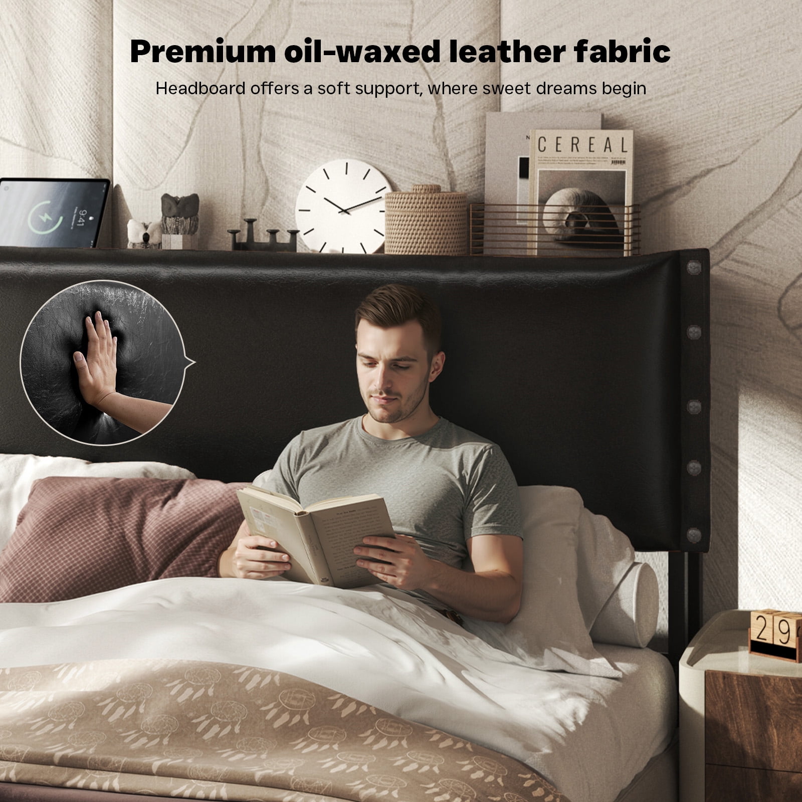 Patbrela Headboard Queen Size, Luxury Oil-Waxed Leather Upholstered Headboard with Adjustable Height Headboard from 42.1" to 46.1", Black