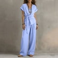 thumbnail image 6 of VBVC Women's Wrap Tie 2 Piece Work Set,Short Sleeve Top and Wide Leg Pants For Women, Ladies' Breathable Summer Loungewear With Pockets,Light Blue,S-3XL, 6 of 8