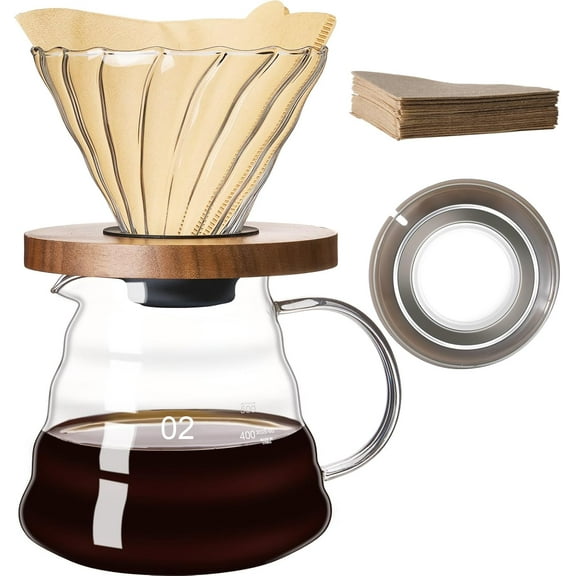 Pour Over Coffee Maker Set 20 OZ, Borosilicate Glass Coffee Server with 50 pcs V60 Paper Filter, Pour Over Coffee Dripper Carafe for Home Cafe Restaurant Camping