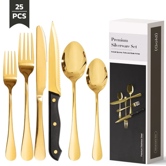 Astercook 25-Piece Gold Silverware Set with Steak Knives, Flatware Tableware Set for 4, Great Food-Grade Stainless Steel Cutlery Set, Mirror Polished Dining Utensils Set, Perfect for Home Restaurant