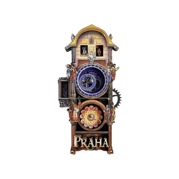 Prague Astronomical Clock Replica Magnet, 5.5 x 2.8 in Wooden Souvenir, Decorative Fridge Magnet for Travel Enthusiasts and Collectors