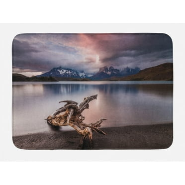Driftwood Bath Mat, Driftwood on the Coast with Reflection of the Mountains in the Lake Digital Image, Non-Slip Plush Mat Bathroom Kitchen Laundry Room Decor, 29.5 X 17.5 Inches, Redwood, Ambesonne