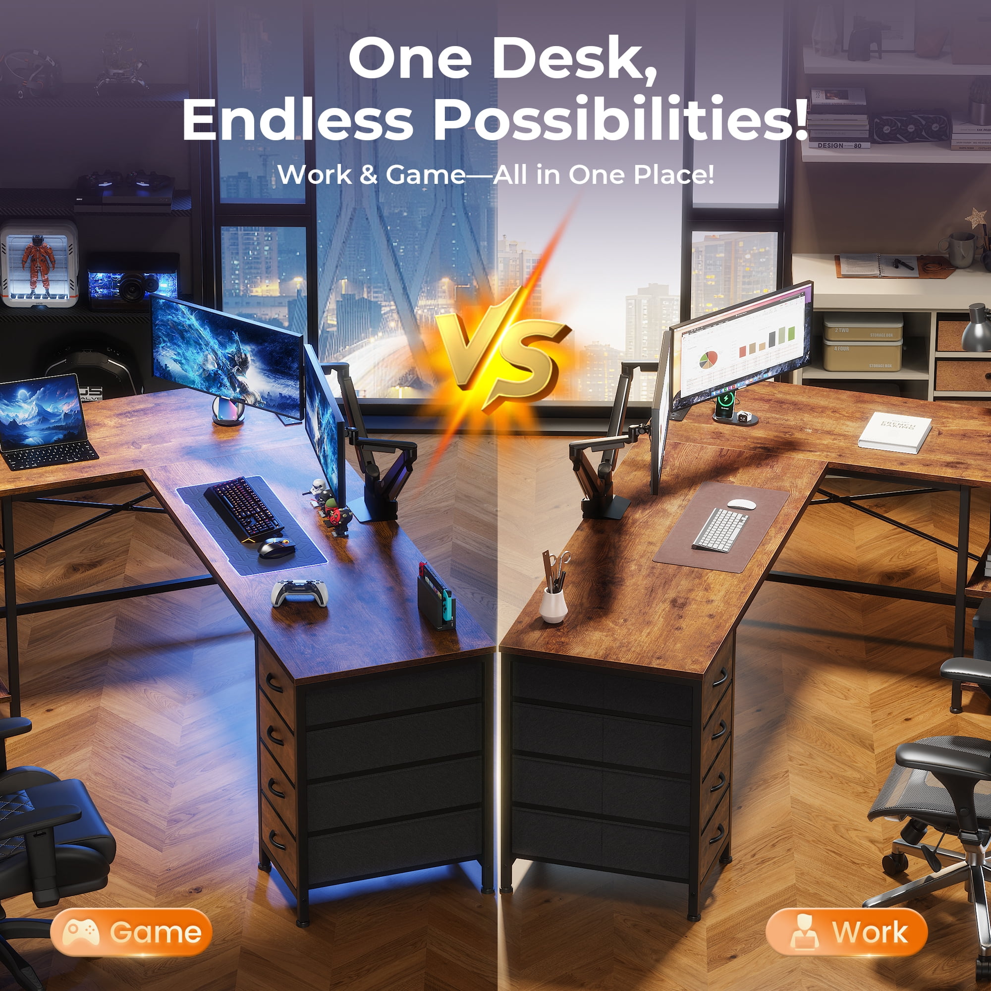 63 Inch L-Shaped Desk with Fabric Drawers, Reversible Home Office & Gaming Desk with Power Outlets, USB-C, and Adjustable Storage Shelves
