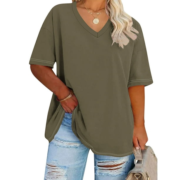 Cutuoiiu Plus Size Shirts for Women Summer V Neck Solid Color Oversized Tops Gifts