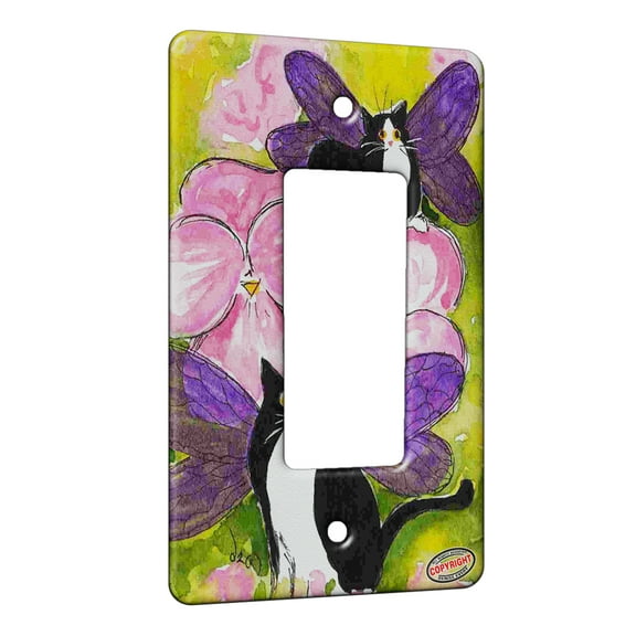 KuzmarK™ 1 Gang Rocker Wall Plate - Tuxedo Kitty Fairies with Pink Pansies Fantasy Cat Art by Denise Every
