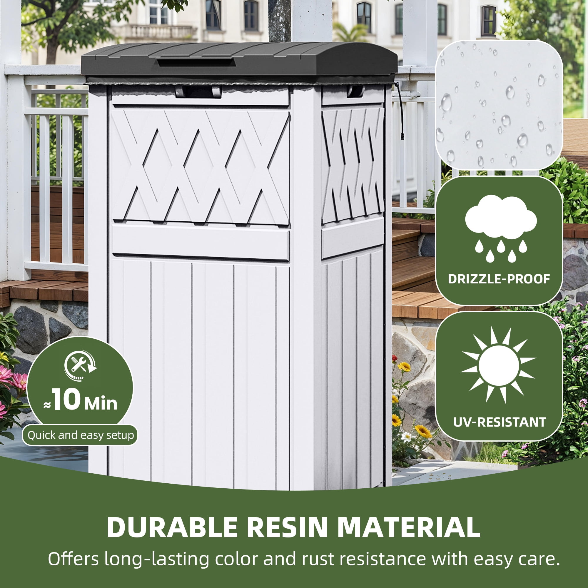Uforic 31 Gallon Large Outdoor Trash Bin, Waterproof Resin Garbage Can with Lid & Drip Tray, Waste Container,for Porch, Backyard, White