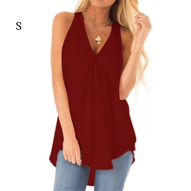 Camisa Sin Mangas Gasa Mujer Top Con Cuello En V Paño De Verano Suelto, Rojo Vino, S Eigraketly AP002127-26