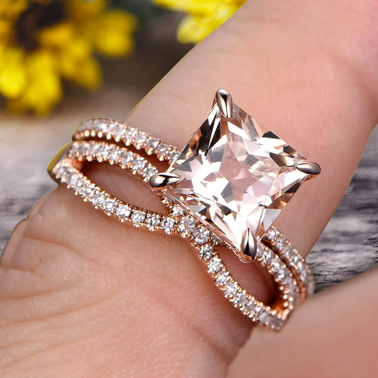 2.5 Carat VS Morganite Wedding Ring Set 6mm Princess Cut 10k Rose