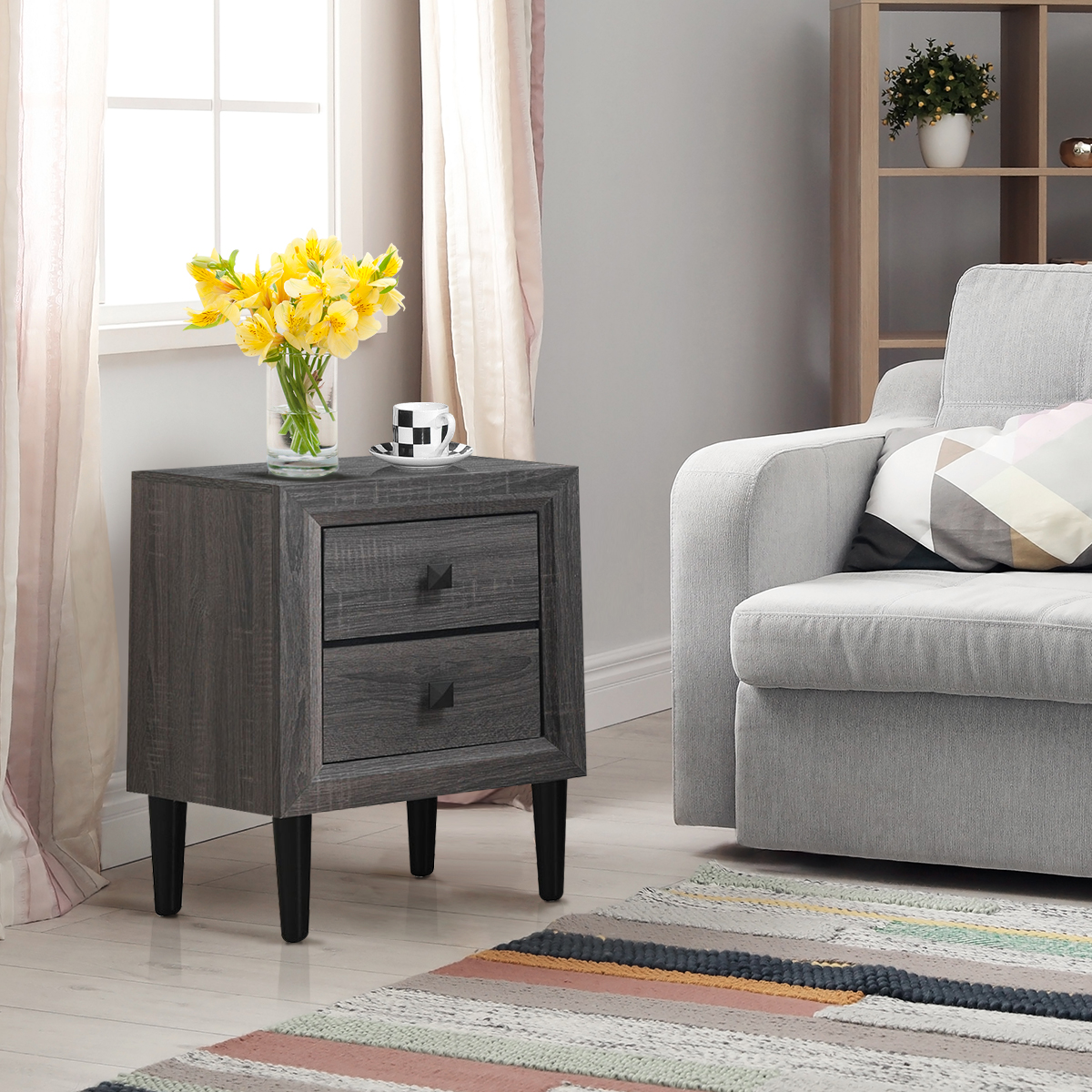 Nightstand W 2 Drawers Multipurpose Retro Grey Bedside Table Fully Assembled