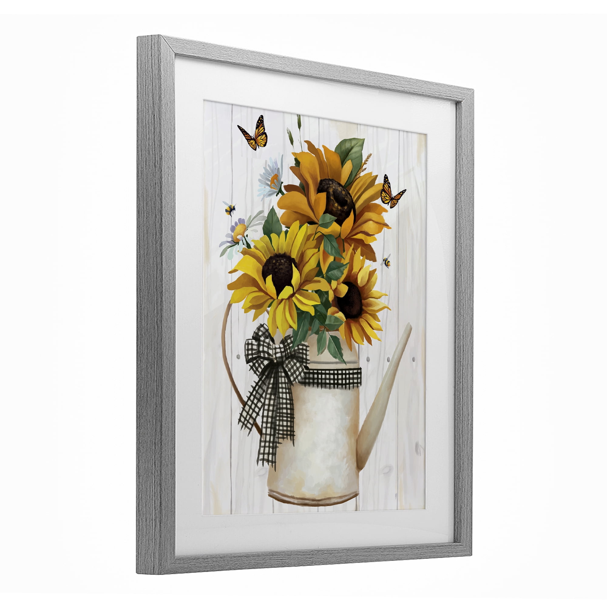 Stupell Industries Sunflower Trio in Watering Can Gray Framed Print Under Glass, design by Lucca Sheppard