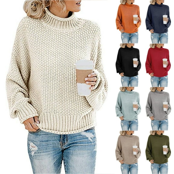 Fartey Womens Turtleneck Sweaters Oversized Batwing Long Sleeve Crewneck Knit Tops Loose Casual Drop Shoulder Chunky Pullover Sweater Wine S