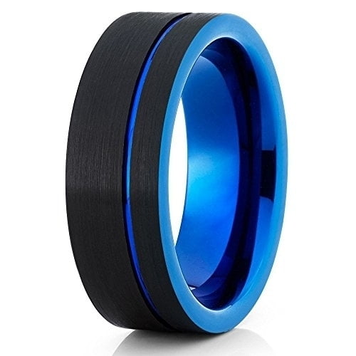 8mm Blue Tungsten Ring Tungsten Wedding Band Tungsten Carbide Ring Black Tungsten Ring Offset Groove Men and Women