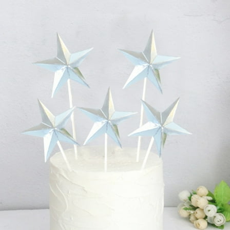 STOBOK Silver 3D Star Cake Picks for Birthday Party Cupcake Decor with AluminiumFoil Paper Safe for Decorating 60pcs