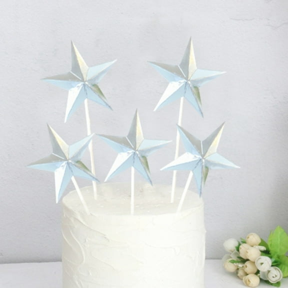 STOBOK Silver 3D Star Cake Picks for Birthday Party Cupcake Decor with AluminiumFoil Paper Safe for Decorating 60pcs