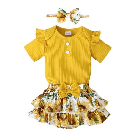 

Wiueurtly Infants Baby Girls Toddlers Soild Ribbed Shorts Sleeves Tops Skirt Hairband Set Size 6 Months Baby Girl Clothes