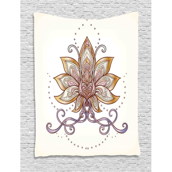 Lotus Tapestry, Asian Zen Themed Archaic Flower Motif on Off White Background with Swirls Curls, Wall Hanging for Bedroom Living Room Dorm Decor, 40"W X 60"L, Multicolor, by Ambesonne