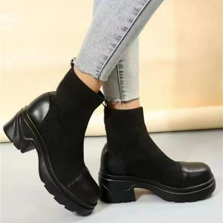 

Ankle Boots Ladies Fashion British Style Solid Color Leather Knitting Splicing Round Head Thick Heel Fashion Short Boots