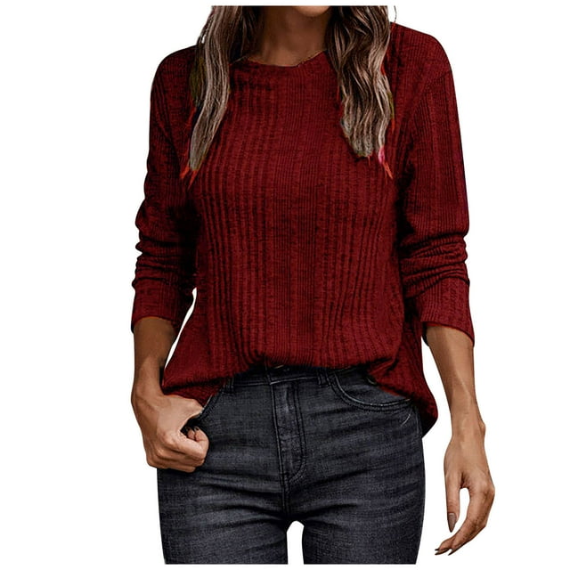 AherBiu Tuniques pour Femmes Manches Longues Col Rond Chaud Confortable Basique Couche Blouse