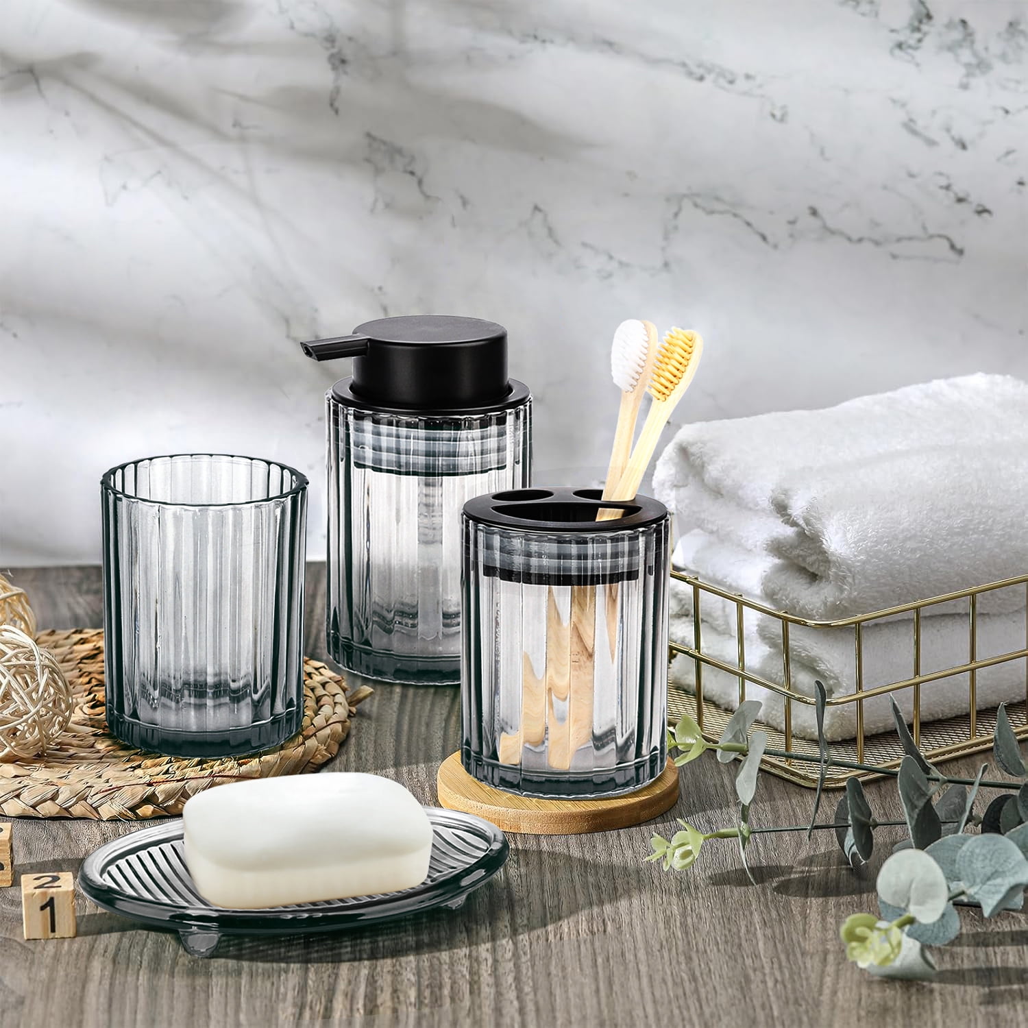 CERBIOR Bathroom Accessories Set, 4 Pcs Glass Bathroom Accessories Sets Complete w/Soap Dispenser, Soap Dish ,Toothbrush Holder,Tumbler, Bathroom Decor, Gift for Home Apartment, Black Grey