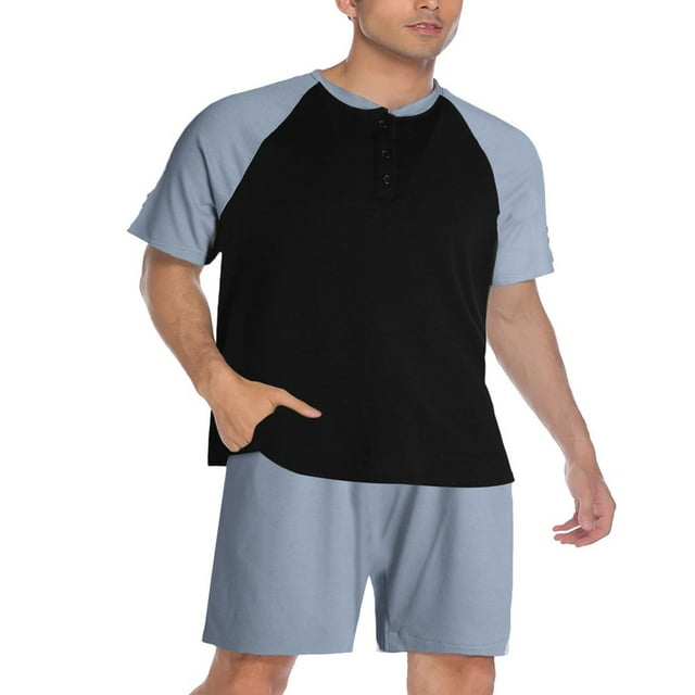 2 Pcs Mens Summer Pajamas Sets Stylish Contrast Color Short-sleeved Tops and Solid Color Shorts Home Clothes