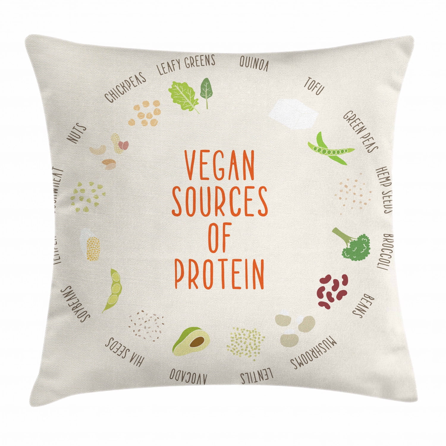 Vegan Throw Pillow Cushion Cover, Vegan Sources of Protein Concept with Vegetables Seeds and