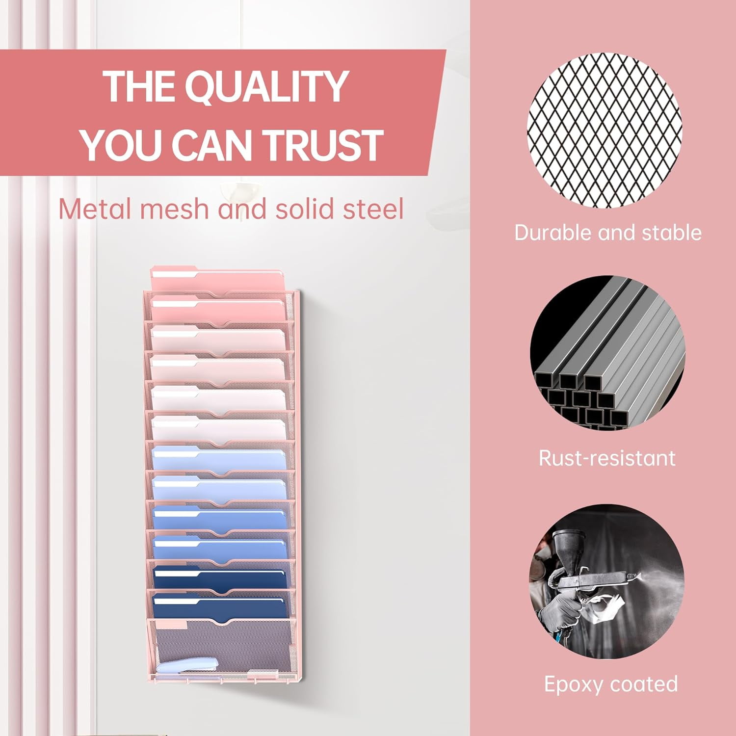 INTIGE 13-Tier Wall File Organizer with Hooks, Hanging File Organizer for Office School Home,Pink