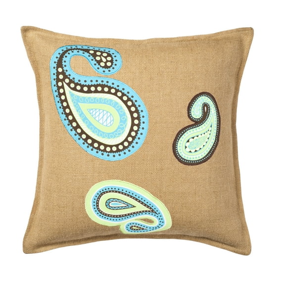 Greendale Home Fashions 20" x 20" Aqua and Green Paisley Applique Burlap Decorative Pillow