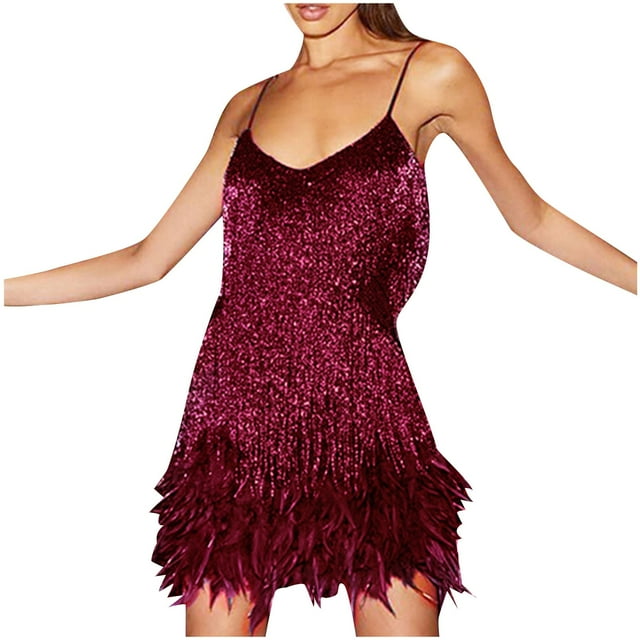 TIMIFIS Robe pour Femme Bretelles Spaghetti Franges à Paillettes Robe Charleston Fête Tenue de Danse Nuit Robe Courte Automne