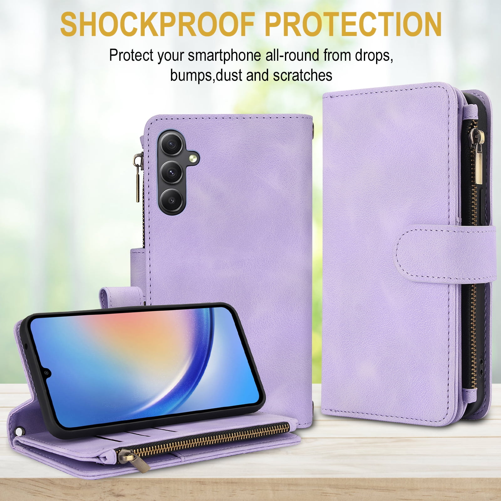 for Samsung Galaxy S24 FE Wallet Case with Card Holder for Women Men, Phone Case RFID Blocking PU Leather Flip Shockproof Cover with Shoulder + Wrist Strap Zipper Credit Card Slots Stand, Purple
