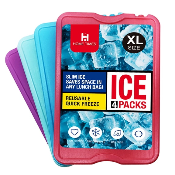 Home Times 4-Pack XL Slim Ice Pack Cooler Freezer Ice Brick for Lunch Box/Bag Reusable Long Lasting Cooler in Camping Picnic