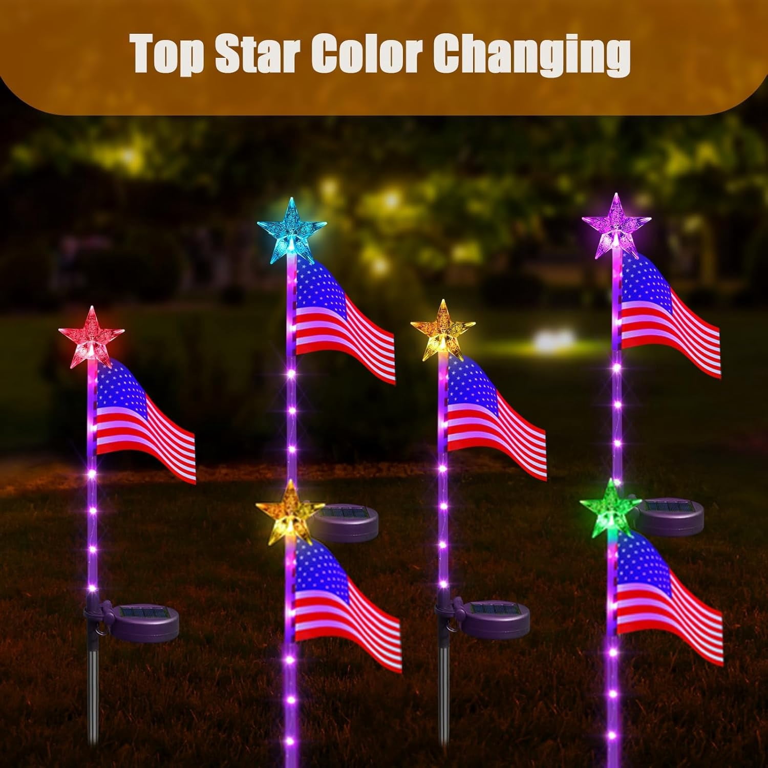 US Flag Solar Garden Lights, 4 Pack 24 LED 7 Color Changing American Flag Landscape Light, 4th of July Outdoor Decor Star Solar Stake Lights for Yard Patio Walkway Pathway
