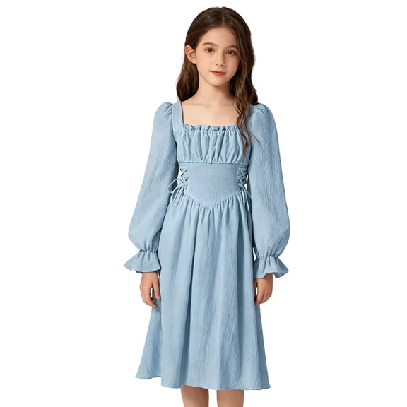 Krdevn French Square Neck Girls Party Dress with Puff Sleeves Elegant Waist Defining Flared Gown for Autumn Fall Season Formal Occasions and Special Events,9-10 Years