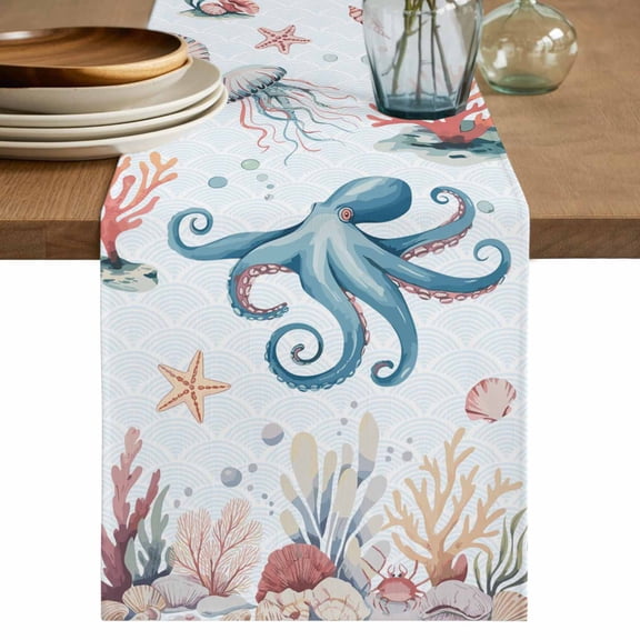 Table Runner 72 Inches Long for Kitchen Dining, Octopus Coastal Dresser Scarf Farmhouse, Dining Table Decorations for Wedding/Parties, Summer Beach Ocean Shell Jellyfish Starfish 14 x 72 In